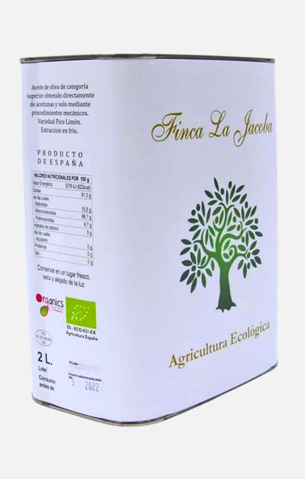 Aceite Ecológico Virgen Extra La Jacoba 2 L. Lata de Aceite de Oliva de agricultura ecológica Finca La Jacoba.