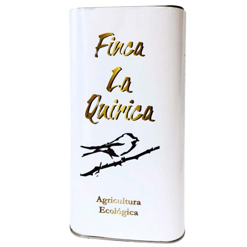Lata blanca de aceite de oliva ecológico de la Finca La Quirica.
