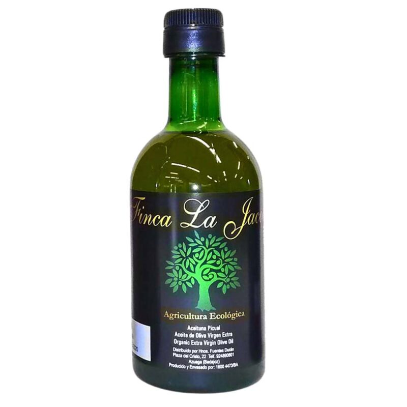 Una botella de aceite de oliva de plástico con un árbol en ella.