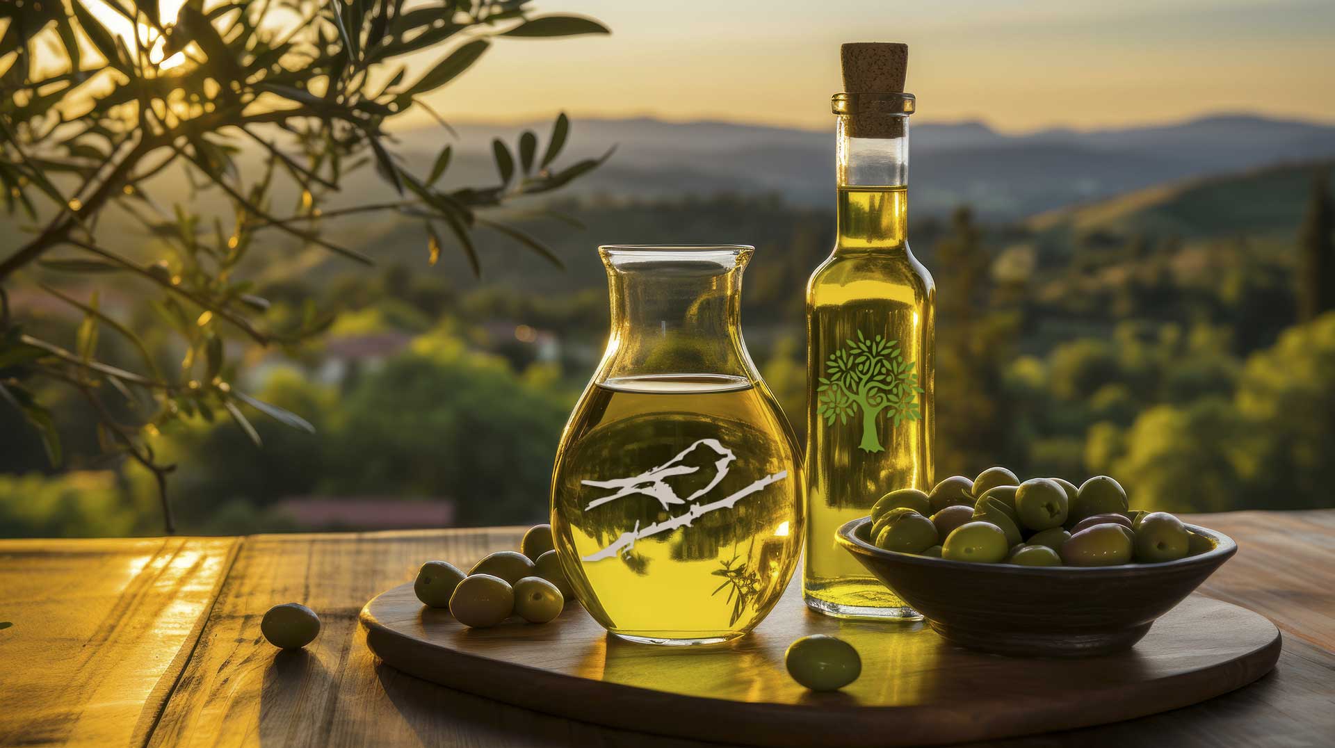 Nuestras Variedades de Aceite de Oliva Ecológico Vasijas de cristal de aceite de oliva<br />
en una mesa de madera con ramas de olivo y vista del atardecer.